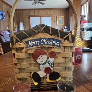Holiday Time Festive Basket with Snowman and Merry Christmas Sign